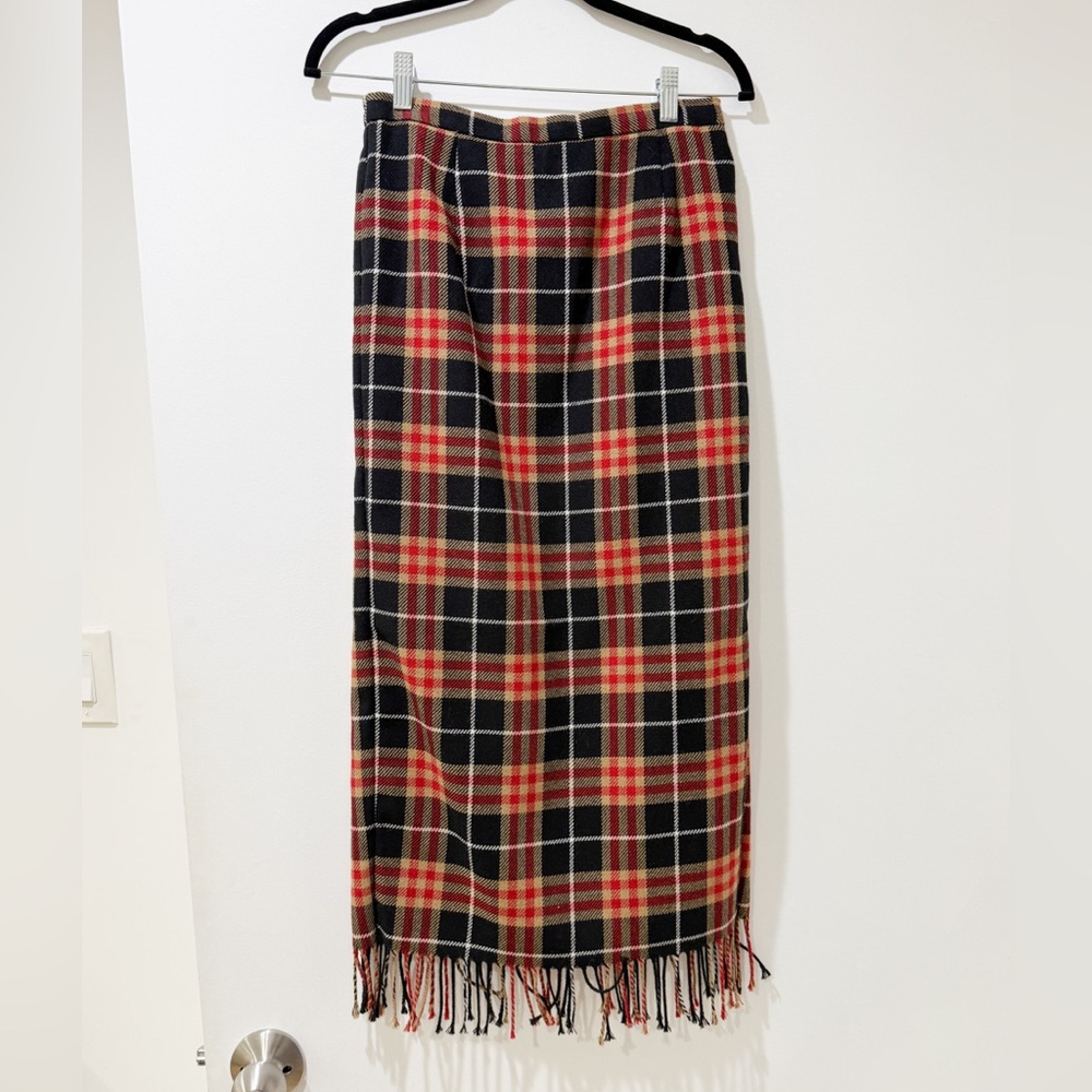 90s Black and Red Plaid Maxi Skirt with Fringe
